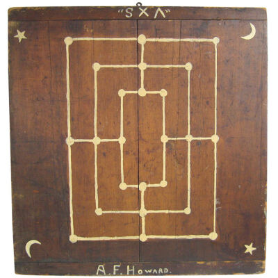 Primitive American Fox and Geese Gameboard 1880s Signed