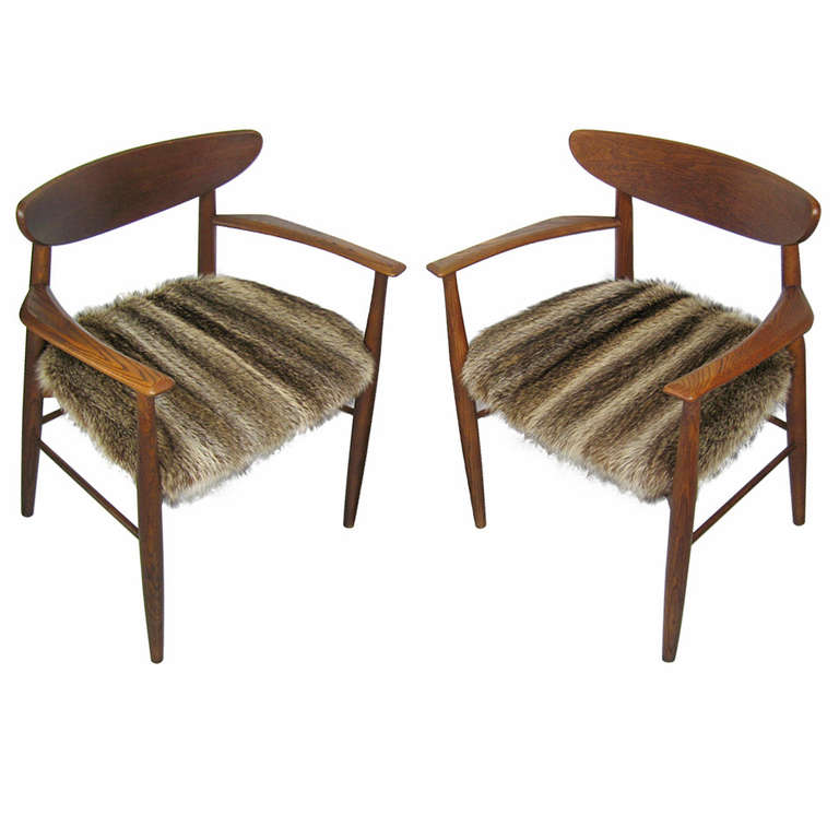 Pair of Mid-Century Modern Teak Chairs, Fur Seats
