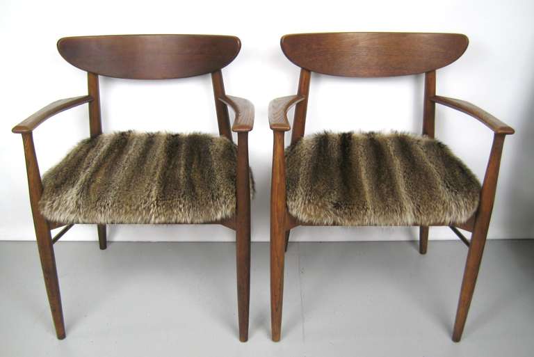 Pair of Mid-Century Modern Teak Chairs, Fur Seats - Image 2